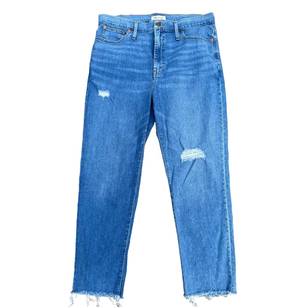 Madewell High-Rise Distressed Straight Leg Jeans in Medium Blue